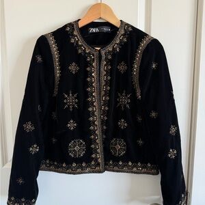 Zara Black Velvet Embroidered Jacket